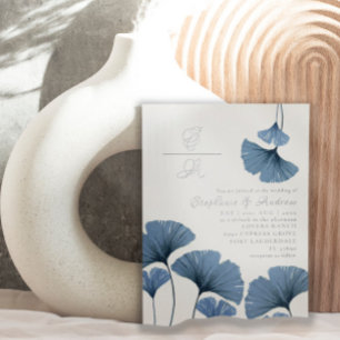 Elegante zilveren en blauwe blad bruiloftsinvatie folie uitnodiging
