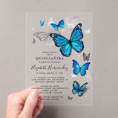 Elegante zilveren en blauwe vlinder Quinceanera Acryl Uitnodigingen (Insitu (Draagbaar))