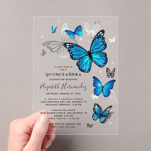 Elegante zilveren en blauwe vlinder Quinceanera Acryl Uitnodigingen (Insitu (Draagbaar))
