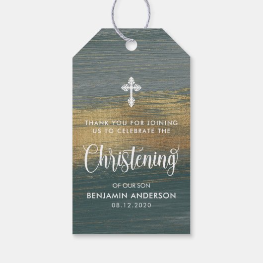 Elegante zilveren en gouden jongen doopsel dank u cadeaulabel (Achterkant)