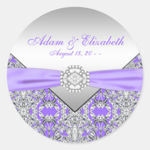 Elegante Zilveren en Lavendel Paarse Bruiloft Ronde Sticker