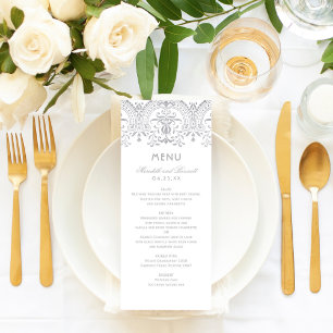 Elegante zilveren en witte vintage glamour bruilof menu