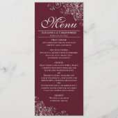 Elegante zilveren franjes op bordeaux maroon bruil menu (Voorkant)