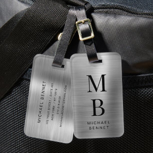 Elegante Zilveren Geborstelde Metalen Monogram Bagagelabel