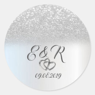 Elegante zilveren glitter bokeh, harten bruiloft ronde sticker