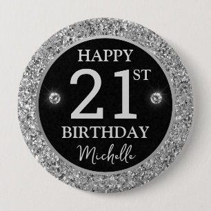 Elegante Zilveren Glitter Diamanten Verjaardag Ronde Button 4,0 Cm