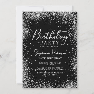 Elegante zilveren glitter en zwarte 13e verjaardag kaart