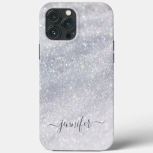 Elegante Zilveren Glitter Script Aangepaste Naam iPhone 13 Pro Max Hoesje
