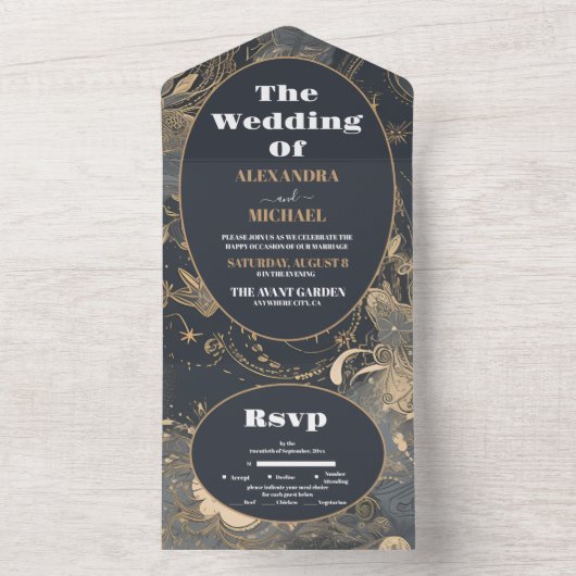 Elegante zilveren gouden hemelse bruiloft all in one uitnodiging (Binnen)