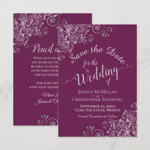 Elegante Zilveren Grijs Kant Cassis Paarse Trouwda Save The Date