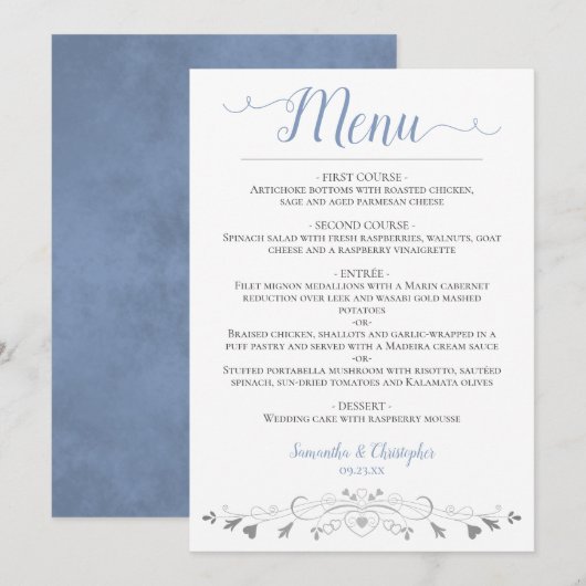 Elegante zilveren hartjes filigraan stoffige blauw menu (Voorkant / Achterkant)