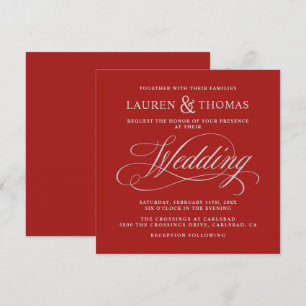 Elegante zilveren kalligrafie op Rich Red Wedding Kaart
