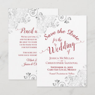Elegante zilveren kant filigraan rood op witte tro save the date