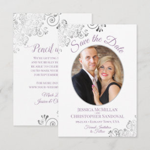 Elegante Zilveren Kant Foto Lavendel & Witte Trouw Save The Date