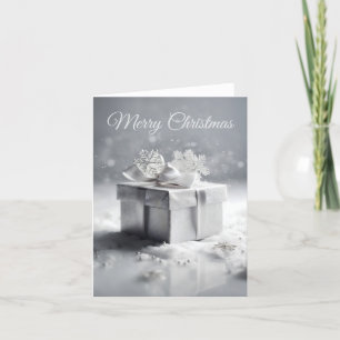 Elegante zilveren kerstcadeau doos met sneeuwvlokk feestdagen kaart
