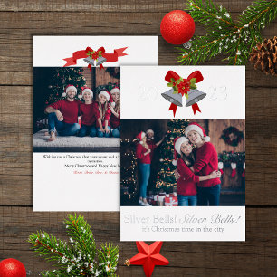 Elegante Zilveren Klokken Kerstmis 2 Foto Folie Feestdagenkaart