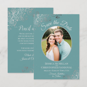 Elegante zilveren krullen en foto op turquoise tro save the date