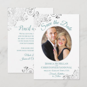 Elegante Zilveren Krullen Foto Teal op Witte Trouw Save The Date