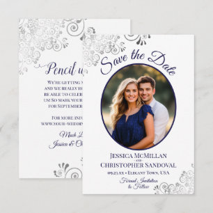 Elegante Zilveren Krullen Marineblauwe Foto Witte Save The Date