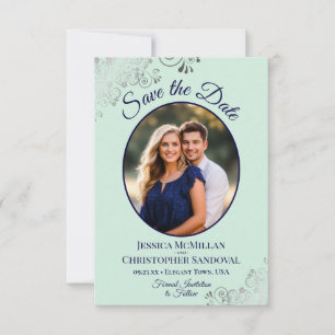 Elegante Zilveren Mint & Navy Ovaal Foto Bruiloft Save The Date