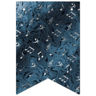 elegante zilveren muzieknoten in blauw vlaggetjes
