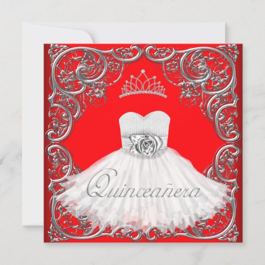 Elegante Zilveren Rode Quinceanera Uitnodigingen (Voorkant)
