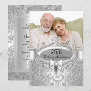 Elegante Zilveren Roos Foto 25e Jubileum Uitnodigi Kaart