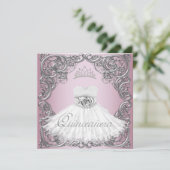Elegante Zilveren Roze Quinceanera Uitnodigingen (Staand voorkant)