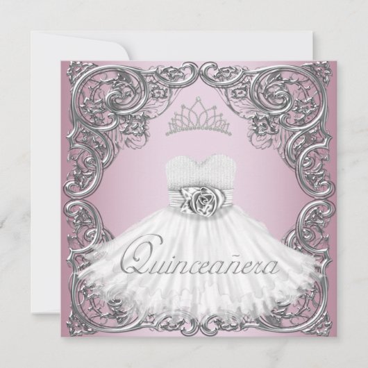Elegante Zilveren Roze Quinceanera Uitnodigingen (Voorkant)