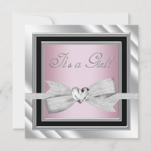 Elegante Zilveren Roze Zwarte Baby Meisje Shower Kaart