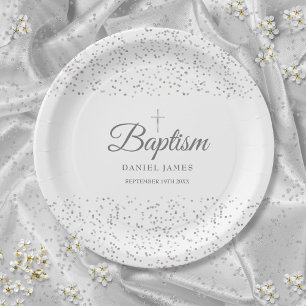 Elegante Zilveren Sterrenstof Doop Christening Papieren Bordje
