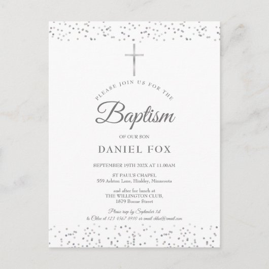 Elegante Zilveren Sterrenstof Doopsel Doop Uitnodiging Briefkaart (Voorkant)