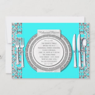 Elegante Zilveren Turquoise Blauwe Oefenavondmaalt Kaart