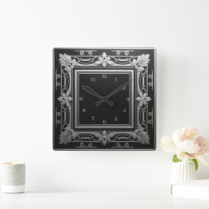 Elegante Zilveren Zwarte Art Deco Vierkante Klok