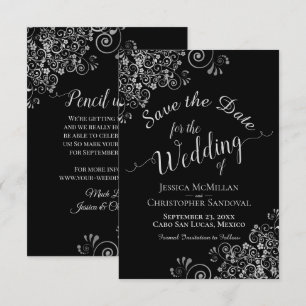 Elegante zilvergrijze franjes op zwarte glamour br save the date