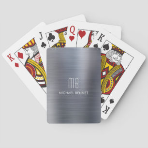 Elegante zilvergrijze geborstelde metalen monogram pokerkaarten