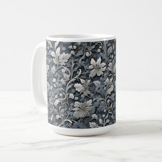 Elegante zilverwitte grijze bloemen koffiemok (Voorkant links)