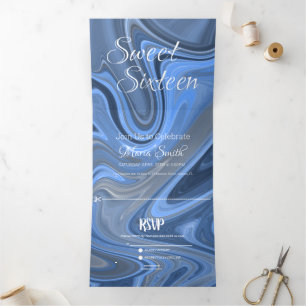 Elegante Zoete Vloeibare Marmer   Agaatblauw Drieluik Uitnodiging