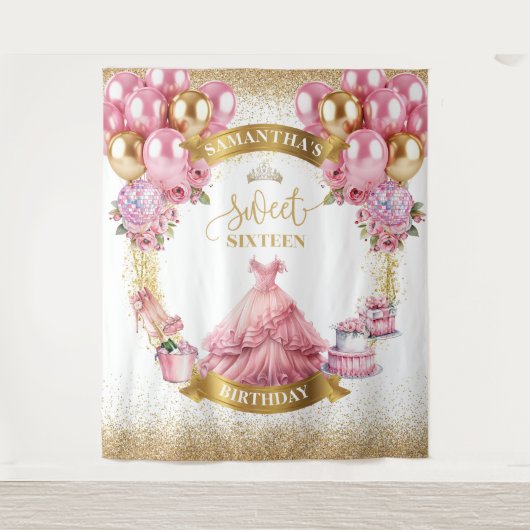 Elegante zoete zestien achtergrond roze gouden bal wandkleed (Voorkant)