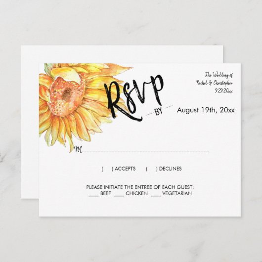 Elegante Zomer Bruiloft Zonnebloemen Reactie RSVP Briefkaart (Voorkant / Achterkant)