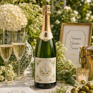 Elegante Zomer Tuin Soirée Bloemige Monogram Sparkling Wijnetiket