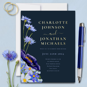 Elegante Zomerbloemen Marineblauw en Goud Folie Uitnodiging Briefkaart