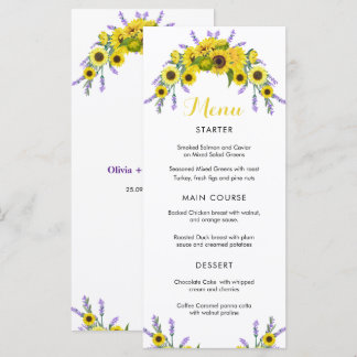 Elegante zonnebloem- en lavendelbloemige huwelijks menu