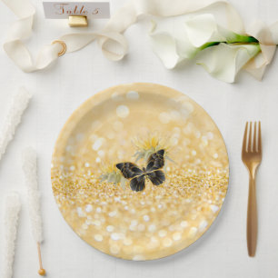 Elegante Zonnebloem Glans Zwarte Vlinder Goud Papieren Bordje