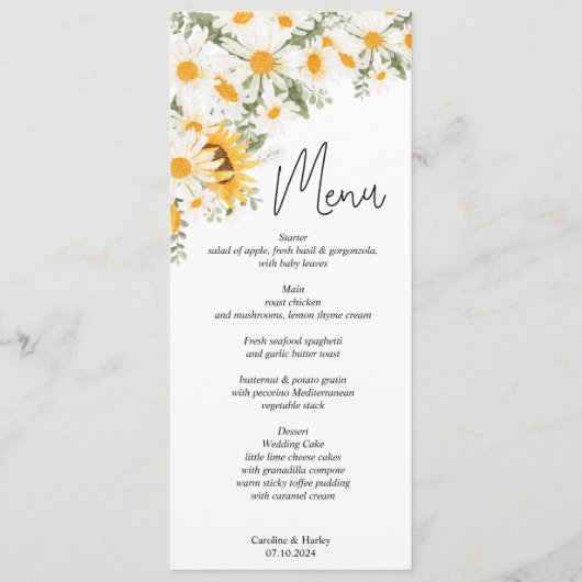 Elegante Zonnebloem Madelief Bruiloftsmenu Programma (Voorkant)