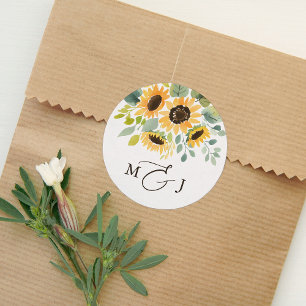 Elegante Zonnebloem Monogram Bruiloft Ronde Sticker