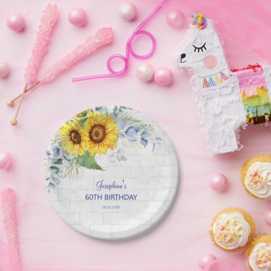 Elegante Zonnebloem Wall Brick Bloemen Verjaardag Papieren Bordje (Feest)