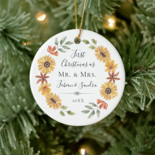 Elegante zonnebloemen eerste kerst als meneer en m keramisch ornament