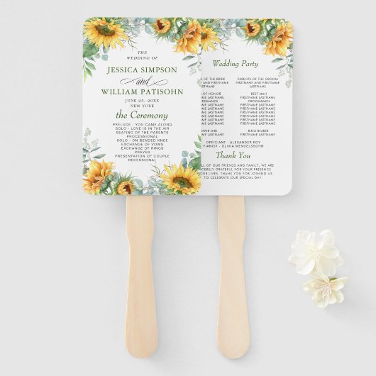 Elegante zonnebloemen Eucalyptus bruiloft programm Handwaaier (Voorkant en achterkant)