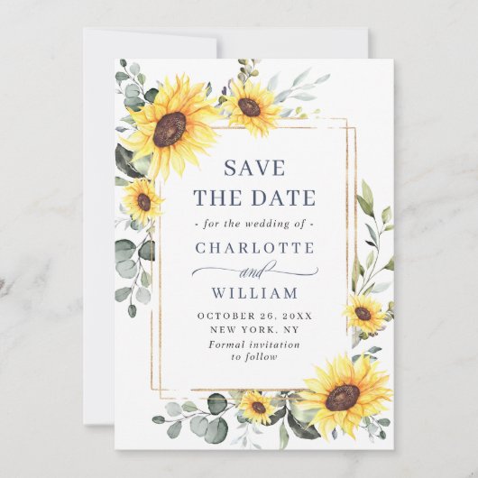 Elegante zonnebloemen eucalyptus trouw-QR-code Save The Date (Voorkant)